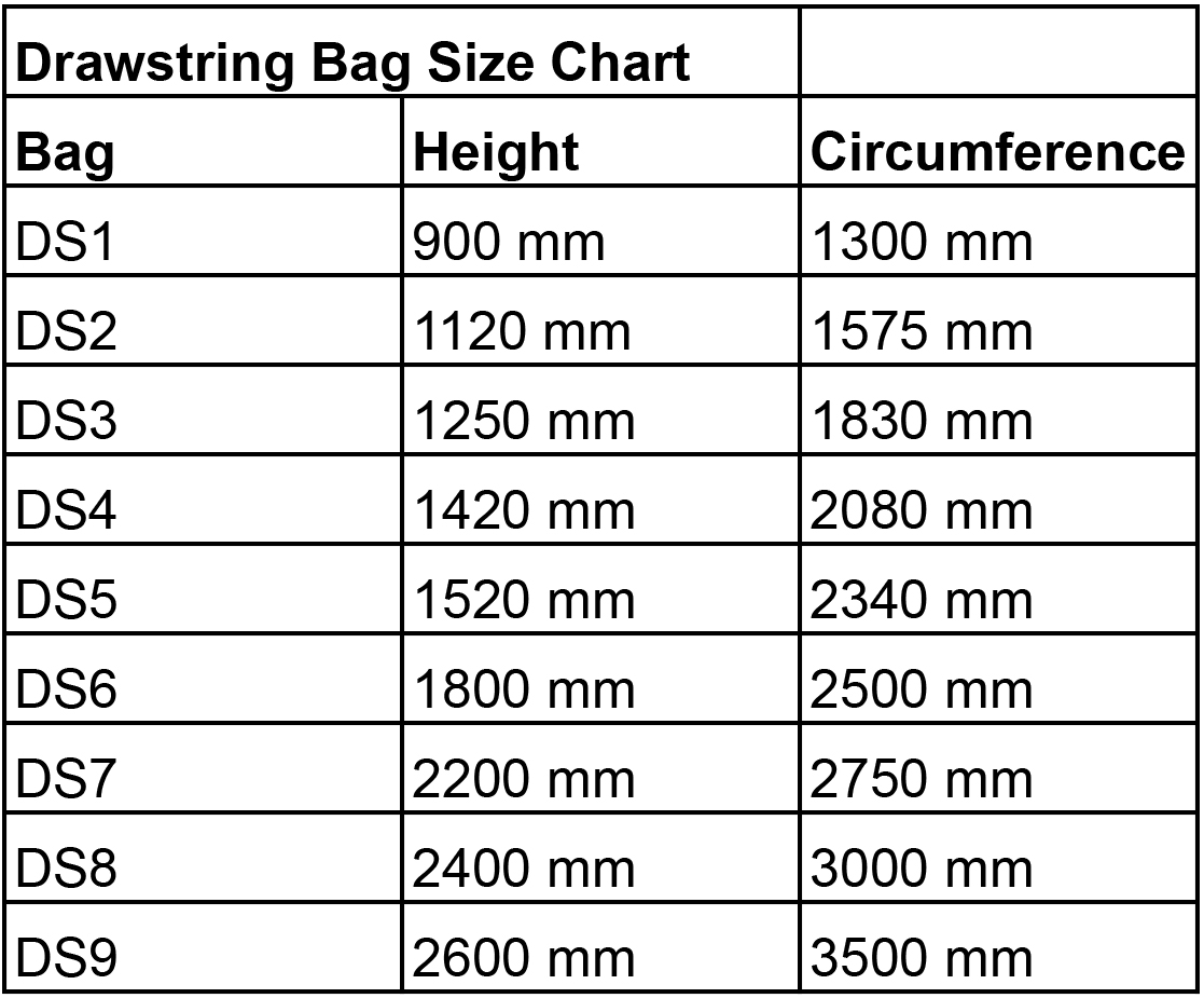 Drawstring Bag Size Chart