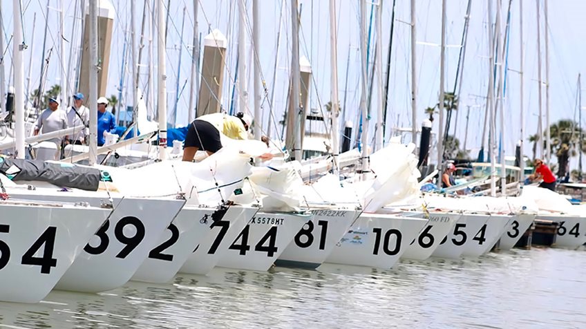 A fleet of J/22's in the harbor at the 2021 World Champioship.